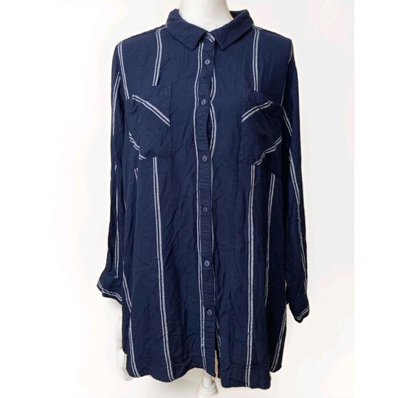 ellos Tops - Ellos Blouse Womens 22 Blue White Stripe Tunic Button Up Long Sleeve Plus Preppy